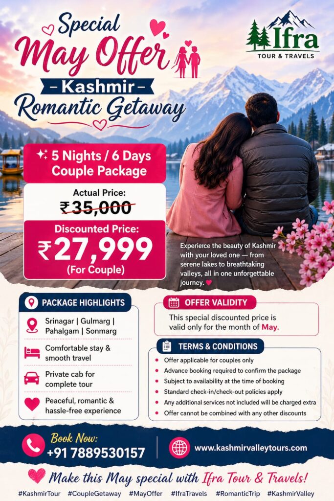 Explore the beauty of Srinagar’s Dal Lake, enjoy snow activities in Gulmarg, relax in the valleys of Pahalgam, and witness the breathtaking views of Sonmarg.
